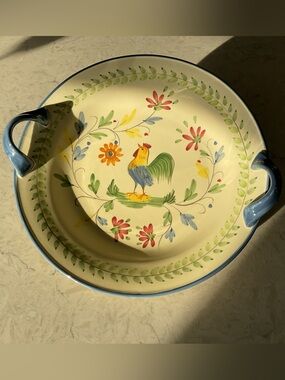 World Market Rooster & Flowers Hand-Painted Large Platter Farm House Country
